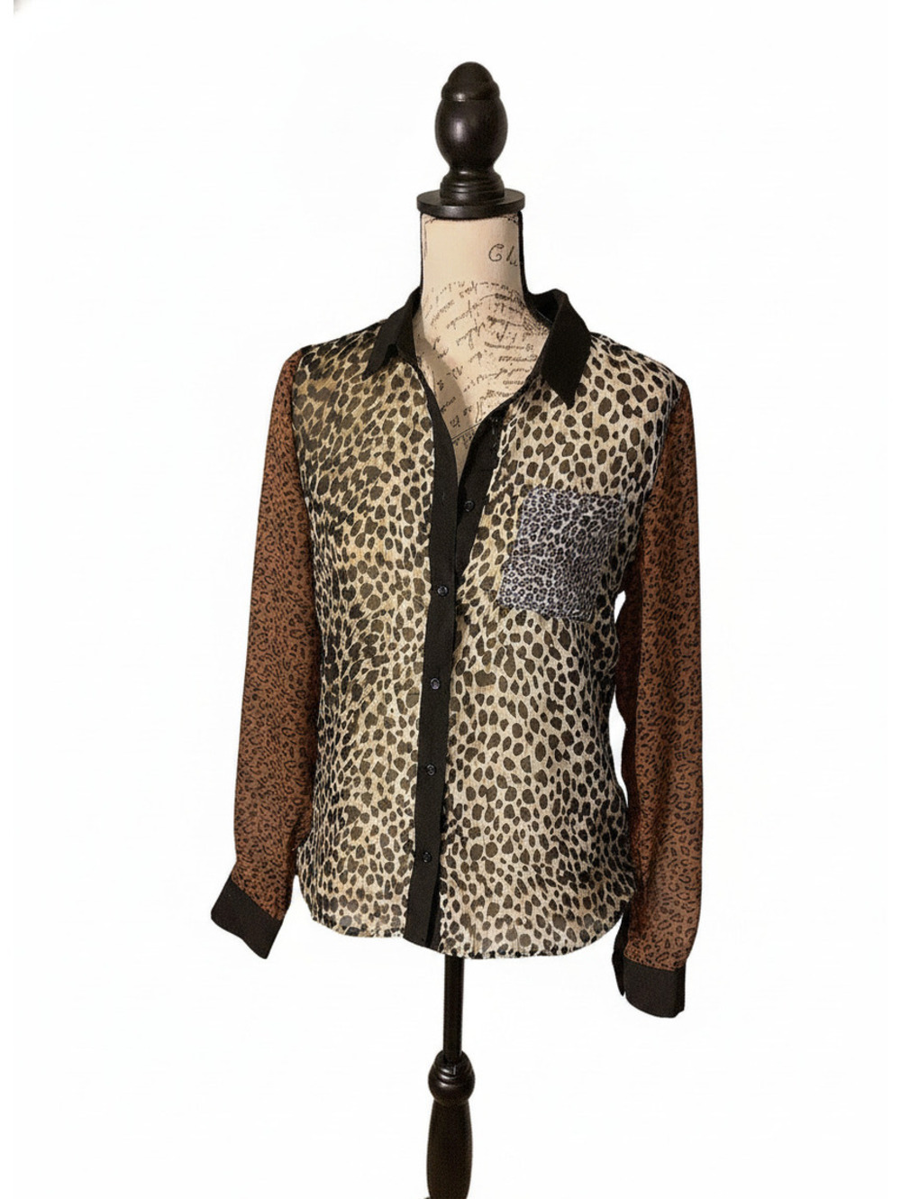 Women's Animal Print Button-Up Blouse with Mixed Patterns